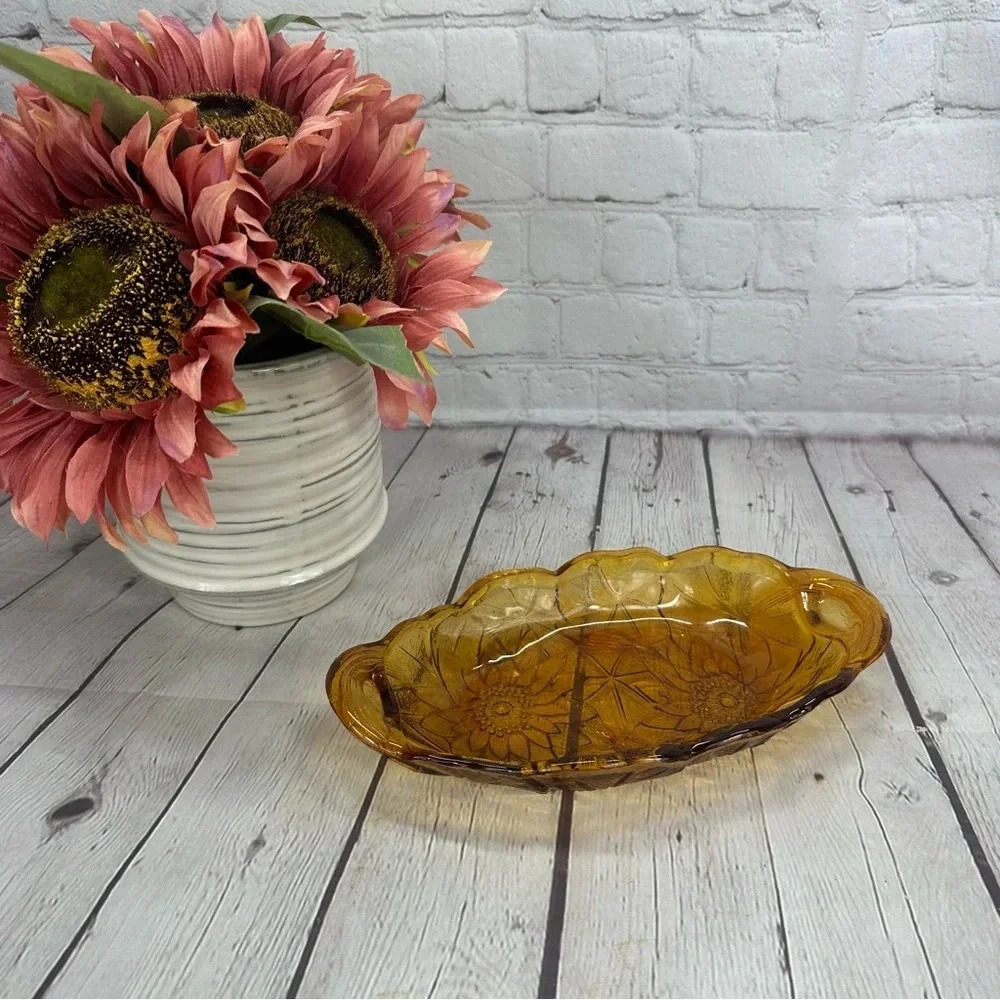 vintage indiana glass lily pons amber relish Dish cottagecore
